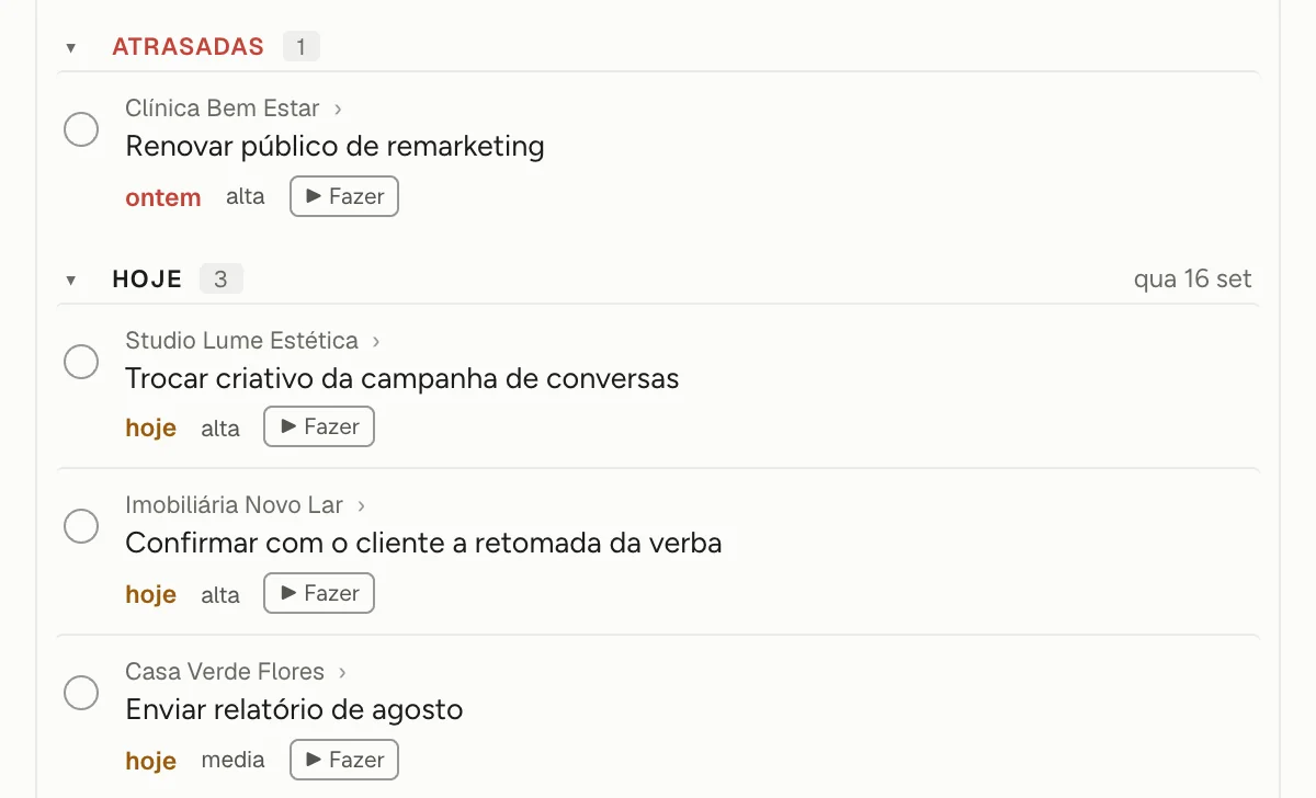 Tarefas da agência: uma atrasada de ontem e três vencendo hoje, com cliente e prioridade